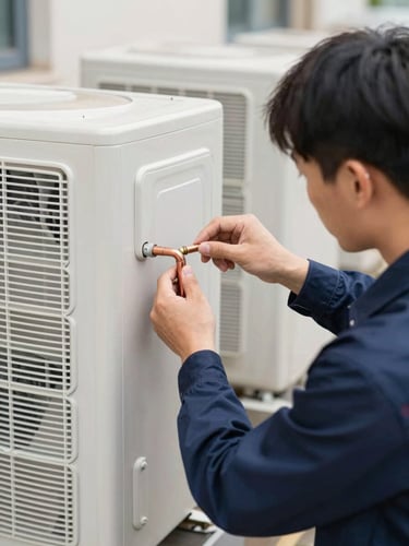 Close-up of a professional technician in a dark blue uniform carefully adjusting copper pipe connections on an outdoor air conditioning unit, bright natural daylight, clean tools, realistic