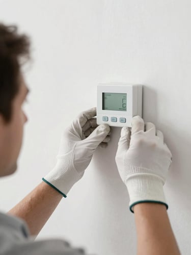 Close up of a professional technician's hands in clean work gloves adjusting a digital thermostat on a bright wall, clean editorial photography, natural daylight