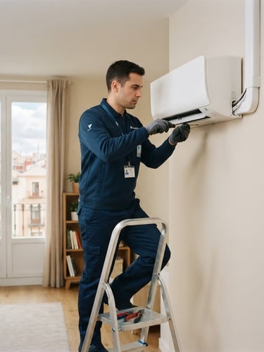 Clean editorial photography of a professional technician in a clean uniform installing a modern white indoor air conditioning unit in a bright Madrid apartment, natural daylight, 35mm