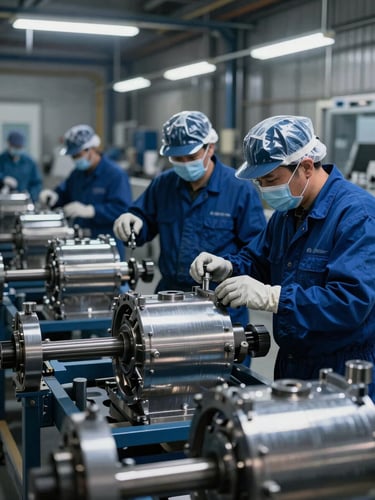 Clean organized industrial coating facility in Washington Utah, high-contrast directional light, professional technicians in safety gear inspecting a finished metal component, metallic tones