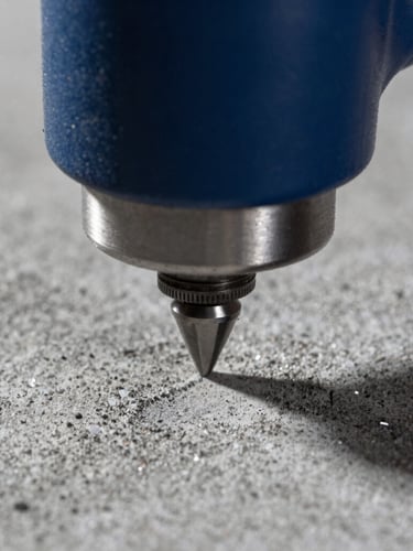 Macro close-up of a planetary diamond grinder profiling a concrete floor, sharp directional light highlighting concrete dust and metallic grit, high-contrast industrial photography