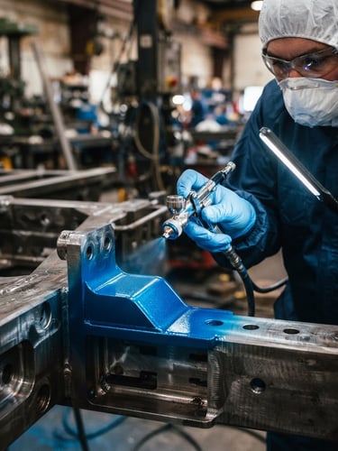 Close-up of a technician in clean protective gear applying a precision industrial coating to a structural metal frame, sharp directional light, metallic blue highlights