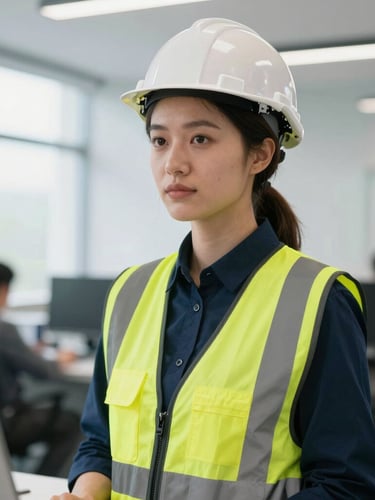 Medium close-up of a professional female road safety engineer in a high-visibility vest inside a modern transport planning office, high-key studio lighting, highly realistic digital human