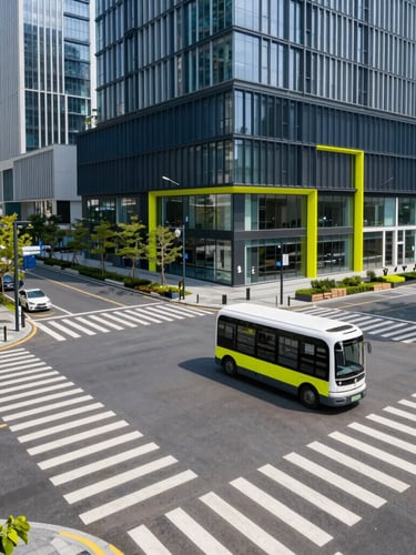 Wide panoramic shot of a modern clean smart city intersection in daylight, sharp architectural lines, a pedestrian crossing safely, autonomous shuttle passing by, crisp editorial photography.