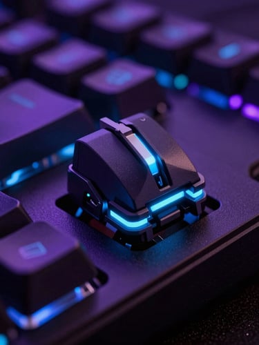 Macro shot of a high-end mechanical gaming keyboard switch with neon blue backlight, sleek obsidian keycaps, low-key dramatic studio lighting
