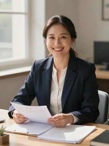 Environmental portrait of a female lawyer in her 30s, warm friendly smile, sitting at a sunlit wooden desk with documents, soft natural window light, shallow depth of field, 35mm