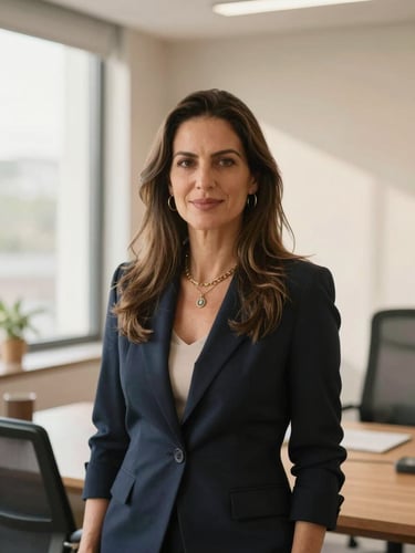 Dra. Bruna Luciana, environmental portrait in a sunlit, modern office, warm editorial photography, soft natural window light, looking welcomingly at the camera, shallow depth of field, 35mm
