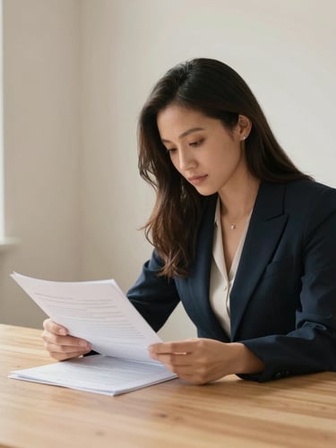 Environmental portrait of a professional woman reviewing documents at a clean wooden desk, soft natural light from a window, warm editorial style, 35mm