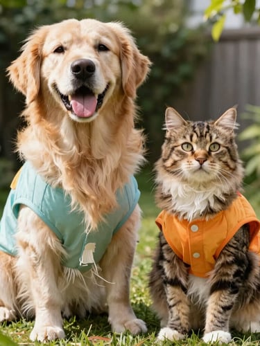 A happy Golden Retriever and a fluffy tabby cat sitting together in a sunlit garden, wearing colorful custom-made shirts, bright natural daylight, 35mm lens