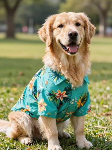 Bright pet photography of a happy Golden Retriever wearing a vibrant turquoise tropical shirt, sitting in a sunny park, natural warm daylight, 35mm lens