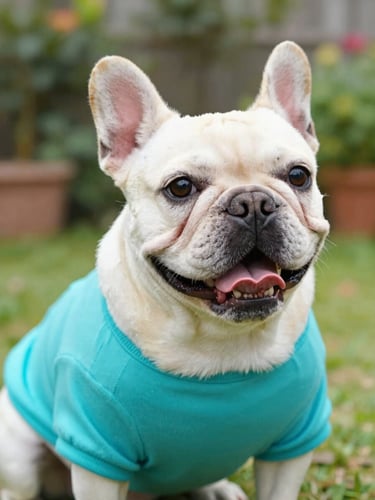 Close-up portrait of a cute happy French bulldog wearing a vibrant turquoise shirt, bright natural daylight, outdoor garden setting, soft focus
