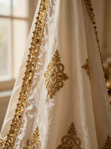 Macro close-up of intricate gold tilla and zardozi embroidery on rich ivory silk fabric, soft golden-hour window light, shallow depth of field, warm editorial fashion photography