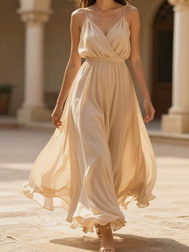 A woman in a flowing beige chiffon dress walking through a sunlit courtyard, showcasing the drape and movement of the fabric, warm editorial style