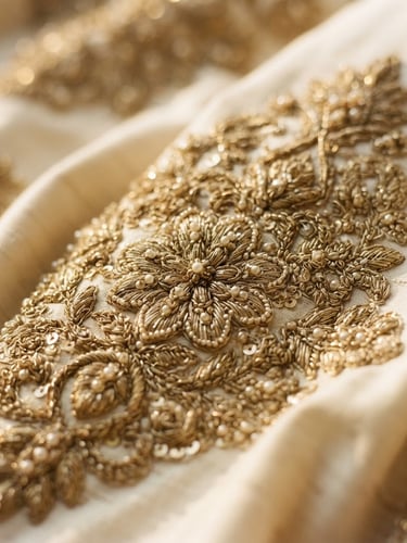 Macro close-up of intricate gold tilla and zardozi embroidery on ivory raw silk fabric, soft golden-hour light highlighting the rich textures, elegant drape