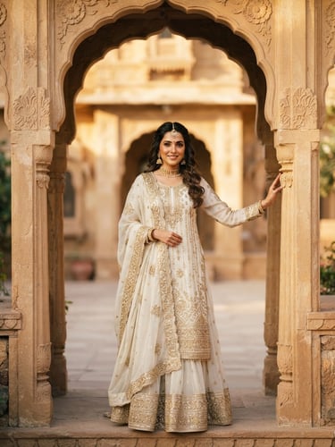 Elegant portrait of a South Asian woman in a gold-embroidered ivory chiffon dress, soft golden-hour light, architectural archway in background, 35mm