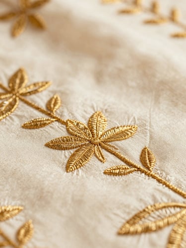 Macro close-up of gold tilla embroidery on luxury ivory fabric, showing the fine details of artisan craftsmanship, soft warm lighting, shallow depth of field