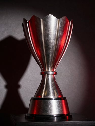 Dramatic esports trophy lift, high-contrast studio lighting, deep shadows, crimson red rim light, sharp focus, 35mm