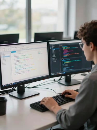 Wide environmental shot of a QA engineer at a desk with dual monitors showing test dashboards and code coverage reports, natural north-facing window light, shallow depth of field on the screens, calm focused workspace