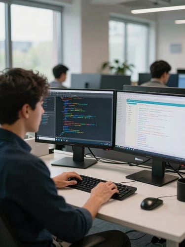 Wide environmental shot, QA engineer seated at a dual-monitor workstation reviewing test automation results, code editor and test dashboard visible on screens, soft natural light from a large window to the left, engineering office with blurred colleagues in background, medium shot showing desk context