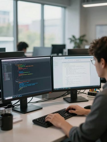 Wide environmental shot of a QA engineer working at a dual-monitor desk, code editor and test dashboard visible on screens, natural north-facing daylight through large office windows, shallow depth of field on the screens, engineering workspace context in the background