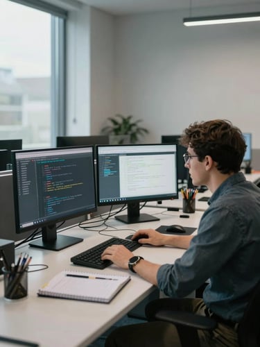 Wide shot of two engineers collaborating at adjacent desks in a modern open-plan office, both screens showing test automation scripts, overcast window light from the left, calm productive atmosphere, desks slightly cluttered with notebooks