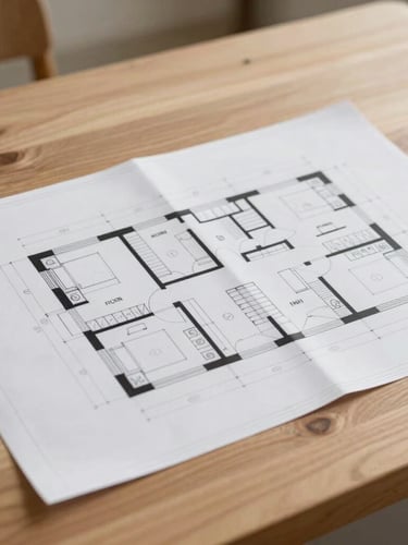 A clean architectural blueprint of a custom residential floor plan laying on a light oak table, soft natural side light, technical drawings visible.