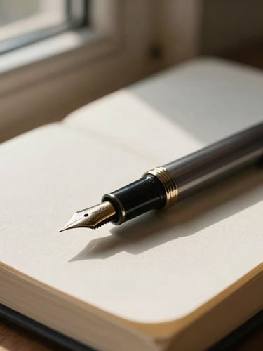Close-up detail of a fountain pen resting on an open linen journal, soft natural morning light from a side window, warm shadows, minimalist editorial styling.