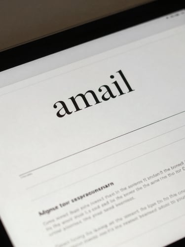 Close-up detail of a minimalist, elegant email newsletter layout on a tablet screen, soft natural side-light, warm shadows, clean serif typography.