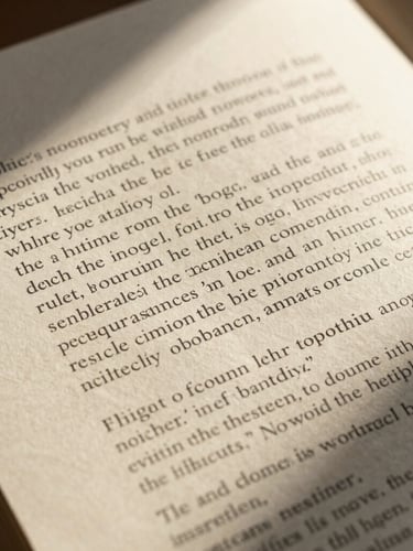A close-up of beautifully typeset editorial copy printed on thick, textured warm cream paper, soft natural morning light casting gentle shadows across the page.