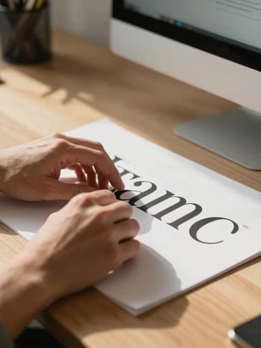 Close-up of a designer's hands arranging minimalist typography layouts on a high-resolution display, warm morning sunlight casting soft shadows across a clean oak desk.