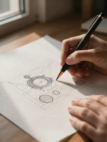 Close-up of a designer's hands sketching a layout on premium textured paper, soft indirect daylight from a nearby window, warm shadows, elegant and quiet atmosphere.