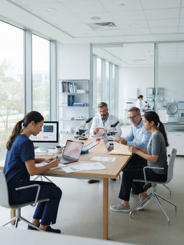 Wide environmental shot of focused individuals in a bright, modern clinical study room, soft diffused natural daylight, clean architectural lines, 50mm lens.
