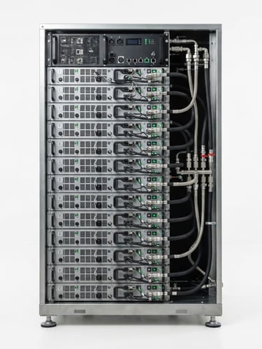 Crisp industrial product photography of a de-branded modular liquid-cooled energy storage rack, bright even studio light, clean white background, sharp technical details, 50mm lens