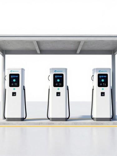 A clean, straight-on wide shot of a modern electric bus charging station in a bright Asian transit hub, featuring de-branded white DC fast chargers under a clean concrete canopy