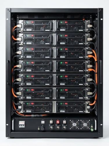 Crisp industrial product photography of modular battery racks, bright studio lighting, clean white background, sharp technical details