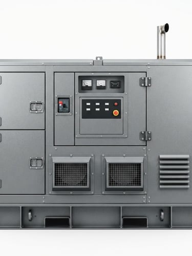 Technical straight-on product shot of a de-branded soundproof diesel generator, clean white background, sharp metallic housing, industrial detail, bright even studio lighting
