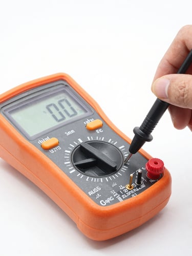 Technical close-up of a digital multimeter testing electrical contacts on a circuit board, clean laboratory environment, bright even lighting