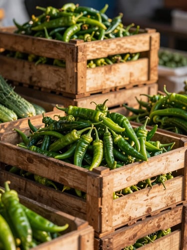 A close-up of heavy wooden crates stacked with fresh green chillies and local vegetables at Sardar Market Yard, early morning golden hour lighting, 35mm lens.