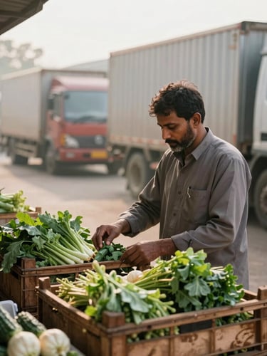 Environmental portrait of an inspector examining wholesale vegetables in wooden crates inside Sardar Market Yard, early morning light, trucks blurred in background.