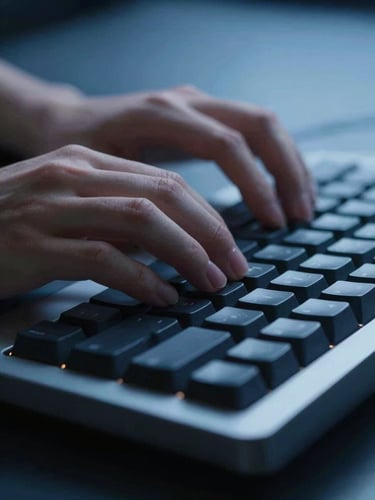 Macro close-up of developer hands typing on a sleek mechanical keyboard, cool blue studio lighting, high contrast, technical atmosphere