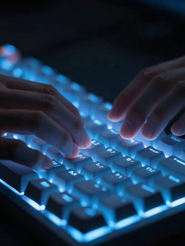 Macro close-up of developer hands typing on a mechanical keyboard with glowing cool blue backlights, high contrast, dark-toned editorial style