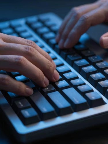 Macro close-up of developer hands typing on a sleek mechanical keyboard, cool blue studio lighting, high contrast, sharp focus, 35mm lens