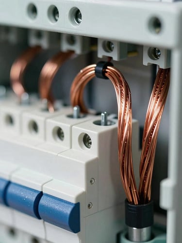 Macro shot of perfectly routed copper wires inside a newly installed clean breaker panel, bright daylight, technical precision.