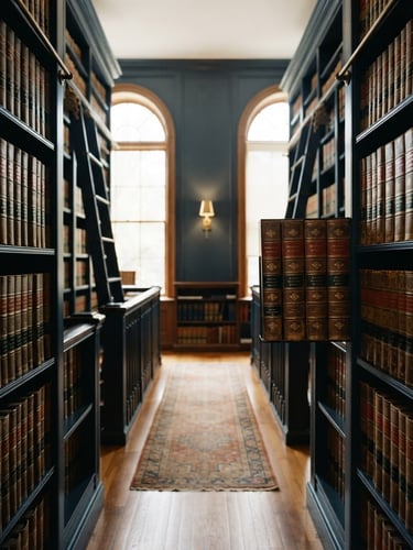 Symmetrical legal library with leather-bound books, soft natural side light, deep blue tones, shallow depth of field, professional editorial style