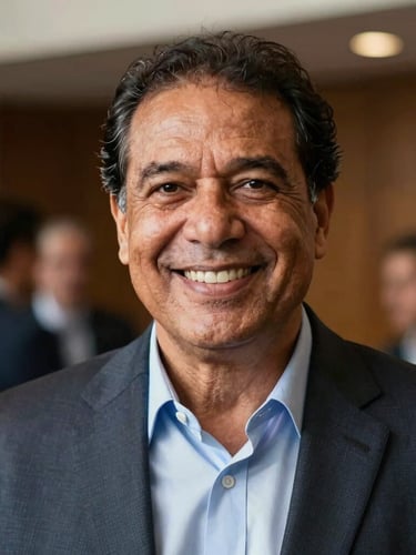 Expressive medium portrait of Ju Sousa with a genuine smile, warm natural daylight, shallow depth of field, corporate professional setting.