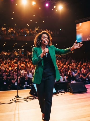 Dynamic wide shot of Ju Sousa speaking live on stage, gesturing energetically to a large corporate audience, high-contrast stage lighting, warm editorial style.