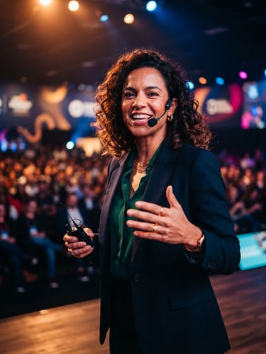 Warm editorial portrait of Ju Sousa, a charismatic Brazilian female speaker, smiling confidently with high-contrast stage lighting, energetic corporate atmosphere, rich saturated tones, shallow depth of field.