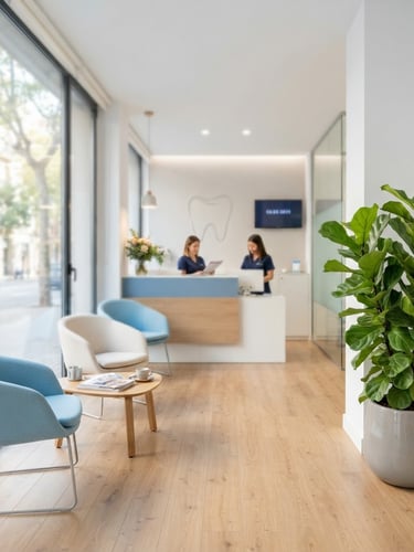 Recepción luminosa de una clínica dental moderna, con tonos azules y blancos, luz natural entrando por grandes ventanales, sillas cómodas y una planta verde decorativa en el tercio derecho, creando un ambiente acogedor. Estilo: bright clinical photography, soft natural window light, clean blue and white tones, shallow depth of field.