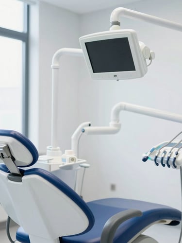 A modern, bright dental treatment room (gabinete dental) with advanced digital dental equipment, a comfortable patient chair, and clean, minimalist design. Natural light, blue and white tones, shallow depth of field.