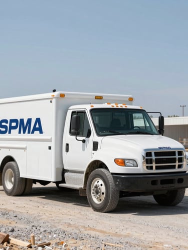 A clean, medium shot of a white utility truck with SPMA branding parked on a gravel staging area of a commercial job site, bright Texas daylight, 35mm.